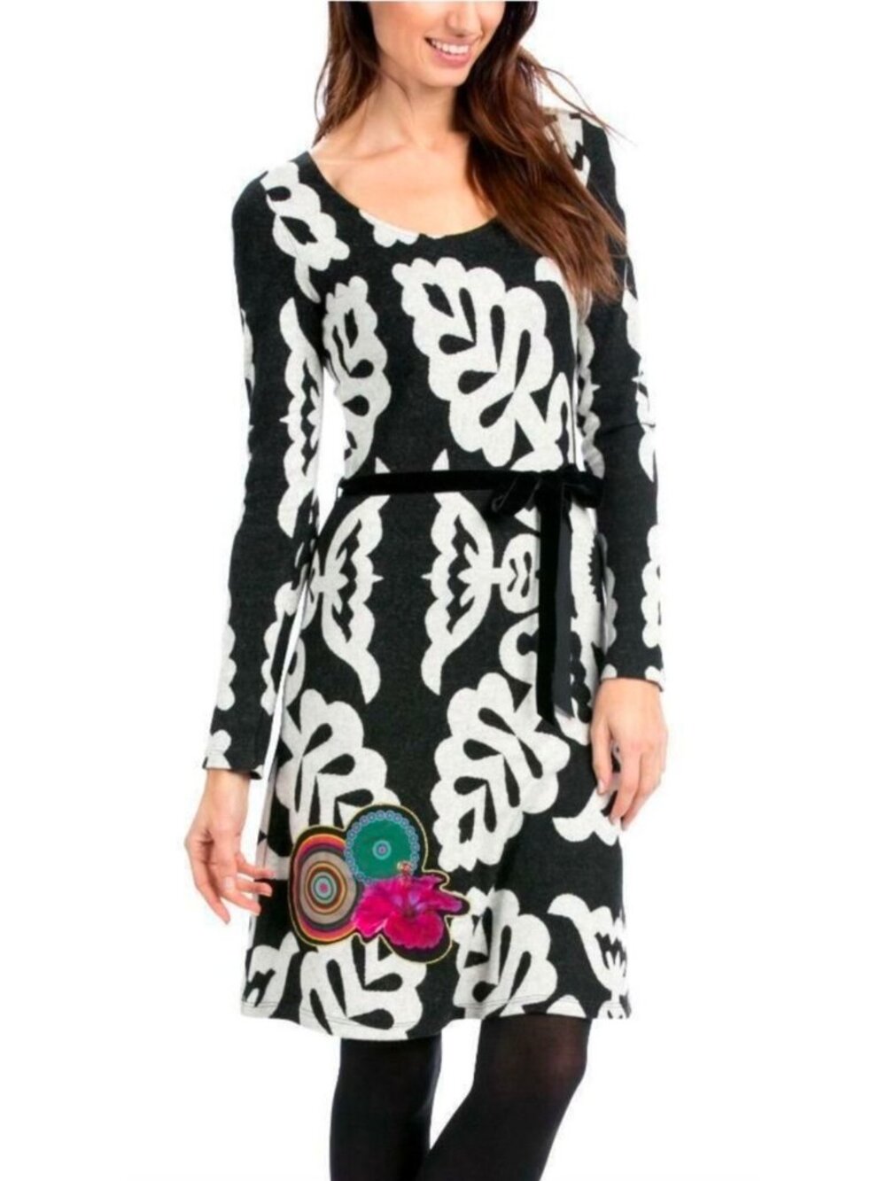 Desigual Vest-Tati Black Gray Leaf Palm Print Long Sleeve Dress Size L XL Fall